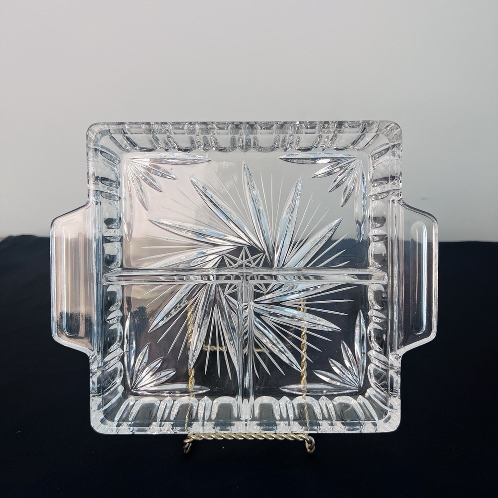 VINTAGE Crystal Cut Glass Serving Platter With three Sections Hostess - 8"x6"